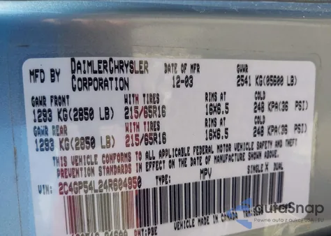 2004 Chrysler Town & Country Touring z USA, uszkodzony, nr VIN 2C4GP54L24R604950